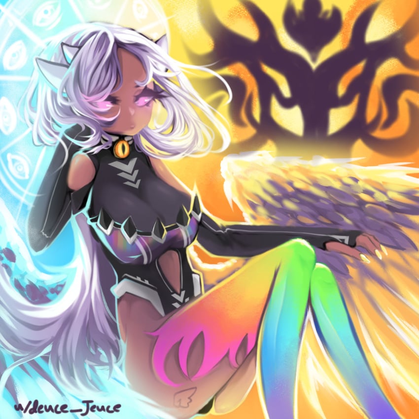 cloak cyclea deuce_jeuce female geometry_dash leggings long_hair pink_eyes rainbow_leggings white_hair