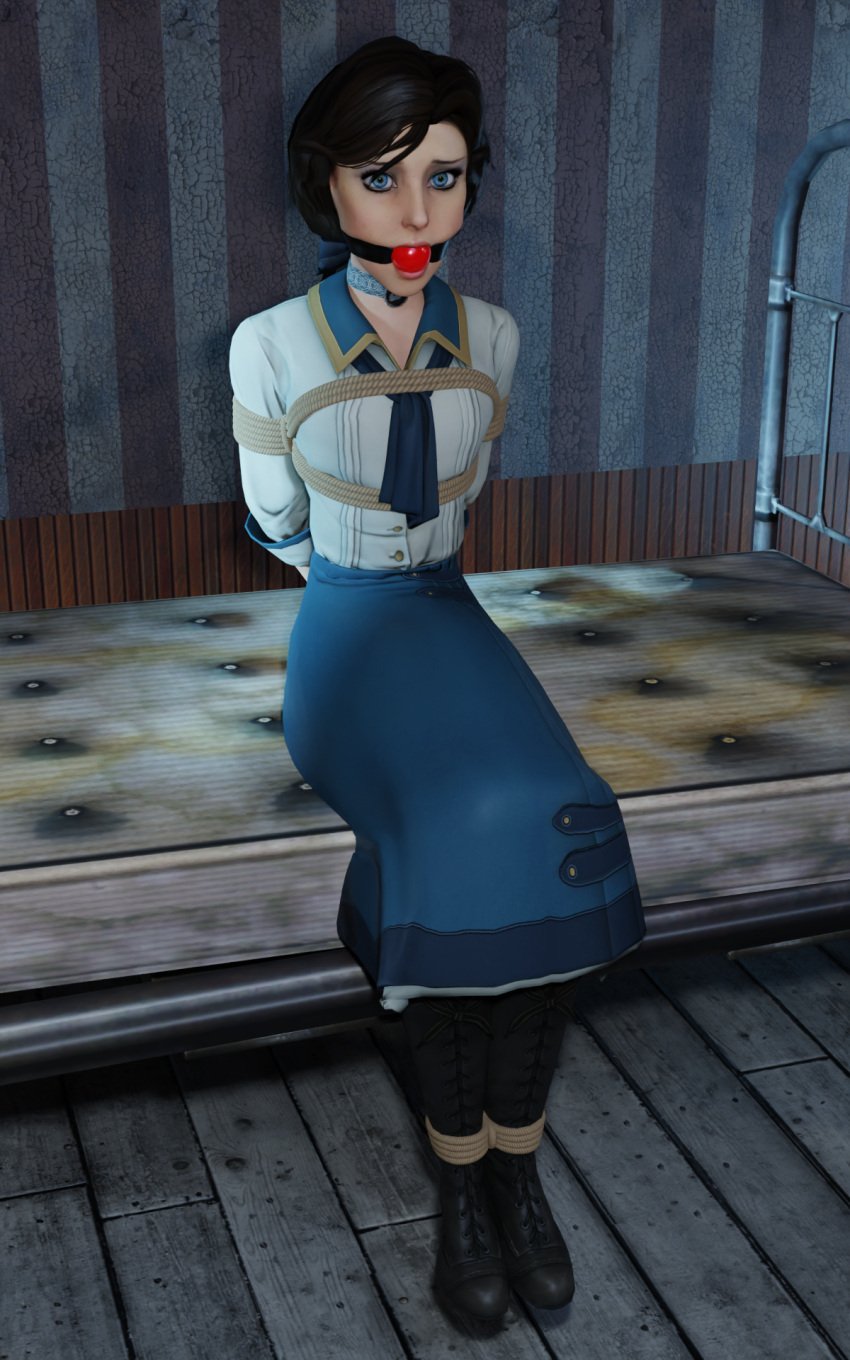 1female 1girls 3d ball_gag bioshock bioshock_infinite blender blue_eyes bondage boots collar elizabeth_comstock female female_only gag gagged long_skirt rope rope_bondage short_hair skirt theblendertaper xps