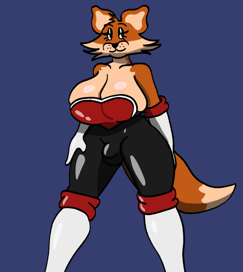 anthro armwear big_breasts breasts bulge canid canine clothed clothing cosplay elbow_gloves female fox glistening gloves gynomorph handwear hi_res huge_breasts intersex mammal mexicommie multicolored_clothing red_clothing red_fox rouge_the_bat rubber rubber_clothing rubber_suit sega skimpy solo sonic_(series) sonic_the_hedgehog_(series) thick_thighs two_tone_clothing white_clothing white_gloves white_handwear