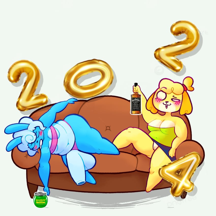 abunbot alcohol animal_crossing anthro ass beverage breasts canid canine canis clothing domestic_dog drunk duo female female/female fur genitals gynomorph hair hi_res holidays hyper intersex isabelle_(animal_crossing) lagomorph leporid looking_at_viewer mammal new_year nintendo nipples nude penis rabbit shih_tzu simple_background sleeping substance_intoxication toy_dog yellow_body yellow_fur