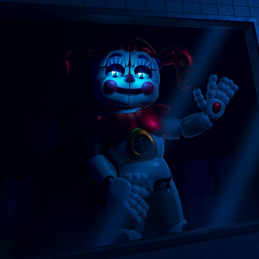 3d absurd_res ashleyorange baby_(fnafsl) blue_eyes bottomless canon_appearance circus_baby circus_baby_(fnaf) circus_baby_(original) clothed clothing clown clown_girl clown_makeup clown_nose clown_paint eyeshadow female finger_fuck fingering five_nights_at_freddy's full_color glass glowing glowing_eyes hair hi_res humanoid looking_at_viewer machine makeup no_penetration red_clothing red_hair red_topwear robot robot_humanoid scottgames sister_location solo solo_female topwear twintails vaginal_penetration video_games white_body window