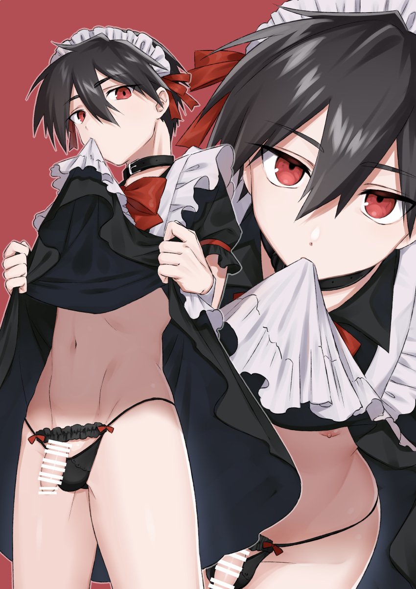 1boy absurdres apron black_choker black_dress black_hair black_male_underwear bow censored choker clothes_in_mouth clothes_lift crossdressing dress dress_lift hairbow highres looking_at_viewer maid maid_apron maid_headdress male_focus male_underwear omiyacha original penis red_background red_bow red_eyes short_hair short_sleeves simple_background solo thong underwear white_headdress