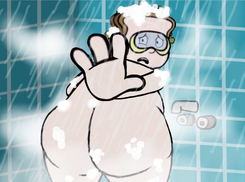 2d 4_fingers ass big_ass bread chubby chubby_male chuck_the_evil_sandwich_making_guy embarrassed embarrassed_nude_male food_humanoid goggles goggles_only green_hair male male_only no_shading nude nude_male shower showering soap_bubbles solo viewer_perspective walked_in_on wordgirl