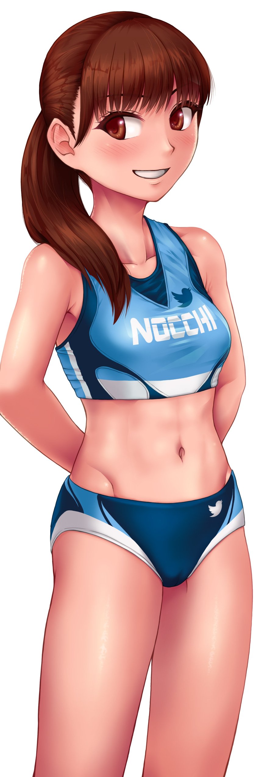 athletic athletic_female athletic_wear brown_eyes brown_hair cameltoe grin hands_behind_back hotpants looking_to_the_side medium_breasts midriff nakanocchi original ponytail sarina-chan sarina-chan_(nakanocchi) short_hair sports_bra sportswear teenager tied_hair toned toned_female track_uniform