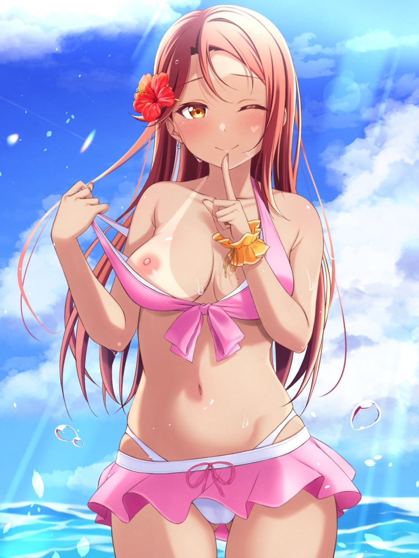 ;) bikini bikini_pull bikini_skirt bikini_tan bikini_top_pull blue_sky breasts brown_hair closed_mouth clothes_pull cloud collarbone commentary_request cowboy_shot day female flower hair_flower hair_ornament hibiscus highres lens_flare long_hair looking_at_viewer love_live! love_live!_sunshine!! medium_breasts mobukichi nipples one_breast_out one_eye_closed outdoors pink_bikini pulled_by_self red_flower sakurauchi_riko sky smile solo standing straight_hair strap_pull summer sunlight swimsuit tan tanlines variant_set very_long_hair yellow_eyes