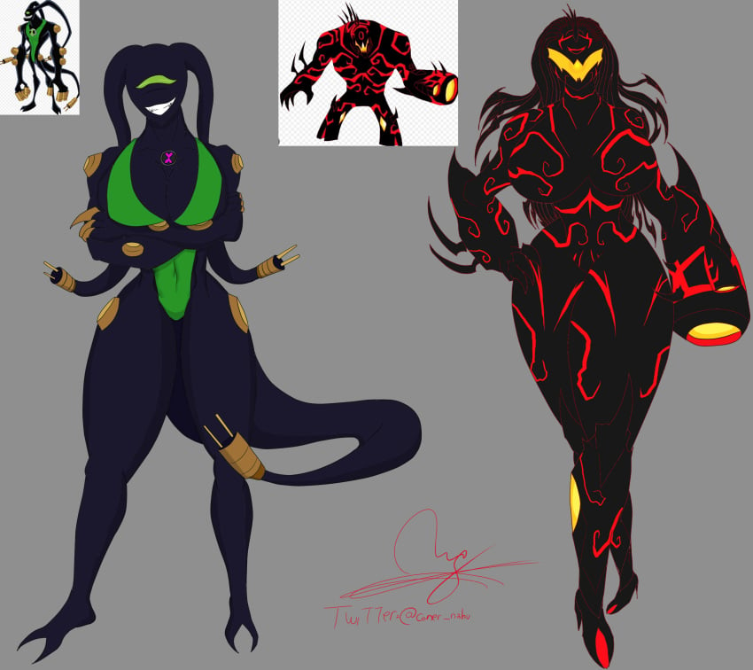 alien alien_girl ben_10 ben_10_omniverse black_body chaquetrix conductoid enemies feedback galvanic_mechamorph green_body malware_(ben_10) nahuelconer red_skin reference_image robot robot_girl villain yellow_eyes