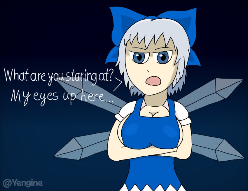 blue_bowtie blue_dress blue_eyes blue_hair cirno fairy fairy_wings huge_breasts ice_wings looking_at_viewer serious_look touhou window