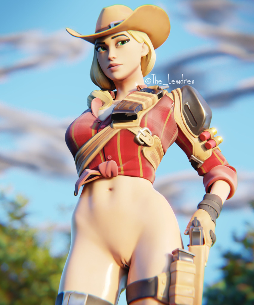 1girls 2020 3d blender blonde_hair boots clothed clothing cowgirl cowgirl_hat cowgirl_outfit epic_games female female_focus female_only fortnite fortnite:_battle_royale gun_holster half-dressed half_naked hat headwear highres lewdrex light-skinned_female light_skin nipples oil oiled oiled_body oily outdoors outside pose posing presenting presenting_pussy pussy pussy_lips pussy_peek rustler shiny shiny_skin solo solo_focus standing topwear vagina watermark