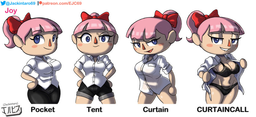 1girls 2022 animal_crossing animal_crossing_girl bedroom_eyes black_underwear blue_eyes bow bow_ribbon bra breasts button_down_shirt curtain_call_challenge digital_media_(artwork) fan_character female female_only human jackintaro joy_(jackintaro) light-skinned_female light_skin looking_at_viewer multiple_images nintendo oc office_clothing office_lady open_shirt panties pink_hair ponytail red_bow shirt simple_background solo tied_hair underwear undressing villager_(animal_crossing) white_shirt