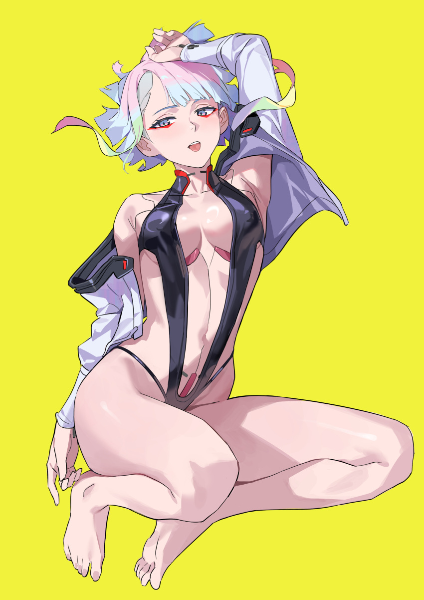 1girls arm_up armpits bare_legs bare_shoulders barefoot blue_eyes breasts covered_nipples cyberpunk:_edgerunners eyeliner feet female full_body highleg highleg_leotard jacket leotard lucyna_kushinada medium_breasts multicolored_hair mumei_(artist) no_shoes open_clothes open_jacket revealing_clothes short_hair solo thighs toes tongue tongue_out