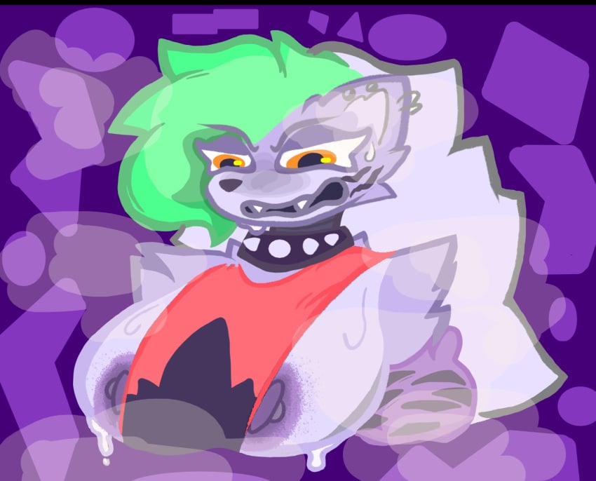 angry angry_eyes areola aroused big_areola big_breasts blush breasts canid canine canis cleavage clothing collar digital_media_(artwork) ear_piercing five_nights_at_freddy's five_nights_at_freddy's:_security_breach fluid_on_breasts fur green_hair hair huge_breasts liquid_hair machine mammal nervous_smile nipple_piercing nipples nude open_mouth piercing robot roxanne_wolf_(fnaf) scottgames simple_background steam sweat sweaty_breasts teeth tight_clothing uulitch