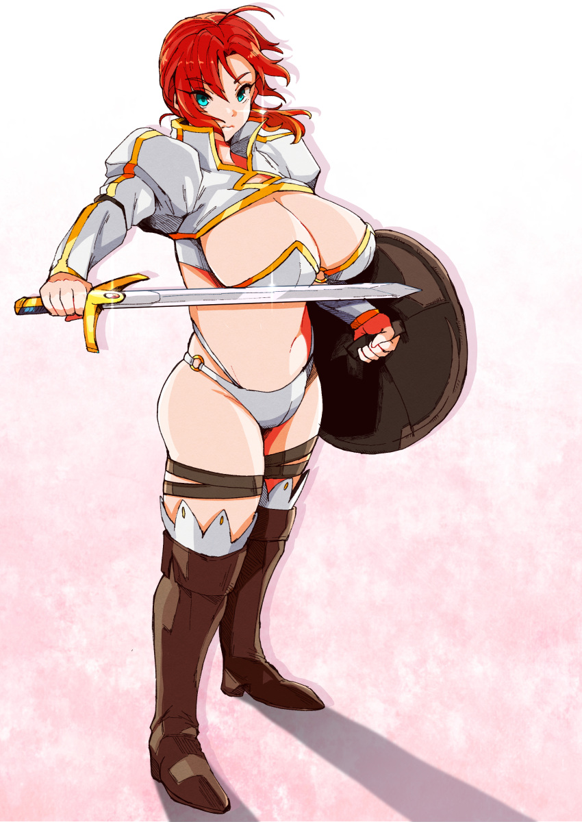 41_(taskmaster41) absurdres aqua_eyes bikini boots boudica_(fate) boudica_(fate/grand_order) breasts brown_footwear cleavage closed_mouth earrings fate/grand_order fate_(series) female highleg highleg_bikini highres jewelry juliet_sleeves knee_boots large_breasts long_sleeves looking_at_viewer multi-strapped_bikini o-ring puffy_sleeves red_hair short_hair short_ponytail shrug_(clothing) solo swimsuit thigh_strap white_bikini