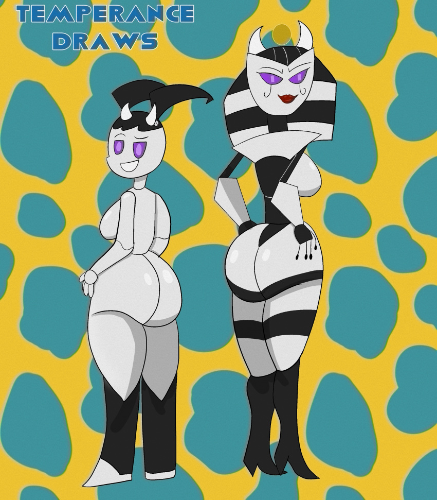 2girls alternate_color_scheme ass big_breasts brainwashed breasts corruption cow_horns female jenny_wakeman lips lipstick mind_control my_life_as_a_teenage_robot nickelodeon pinup purple_eyes queen_vexus robot robot_girl temperancedraws thick_thighs vexus wide_hips xj-9