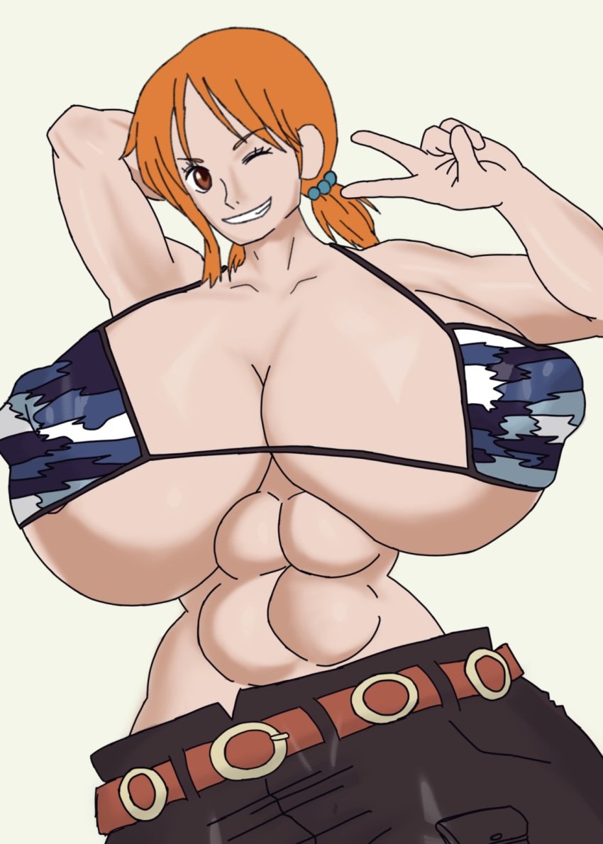 abs armpits arms_behind_back bandanaart big_areola big_belly big_breasts big_nipples big_thighs bikini bikini_top blue_bikini breasts brown_pants cargo_pants curvaceous curvy curvy_female curvy_figure female female_only huge_breasts huge_nipples huge_thighs nami nami_(one_piece) nipple_bulge one_eye_closed one_piece orange_eyes orange_hair peace_sign pre-timeskip shiny_skin skypiea smile smooth_skin thick_thighs voluptuous voluptuous_female