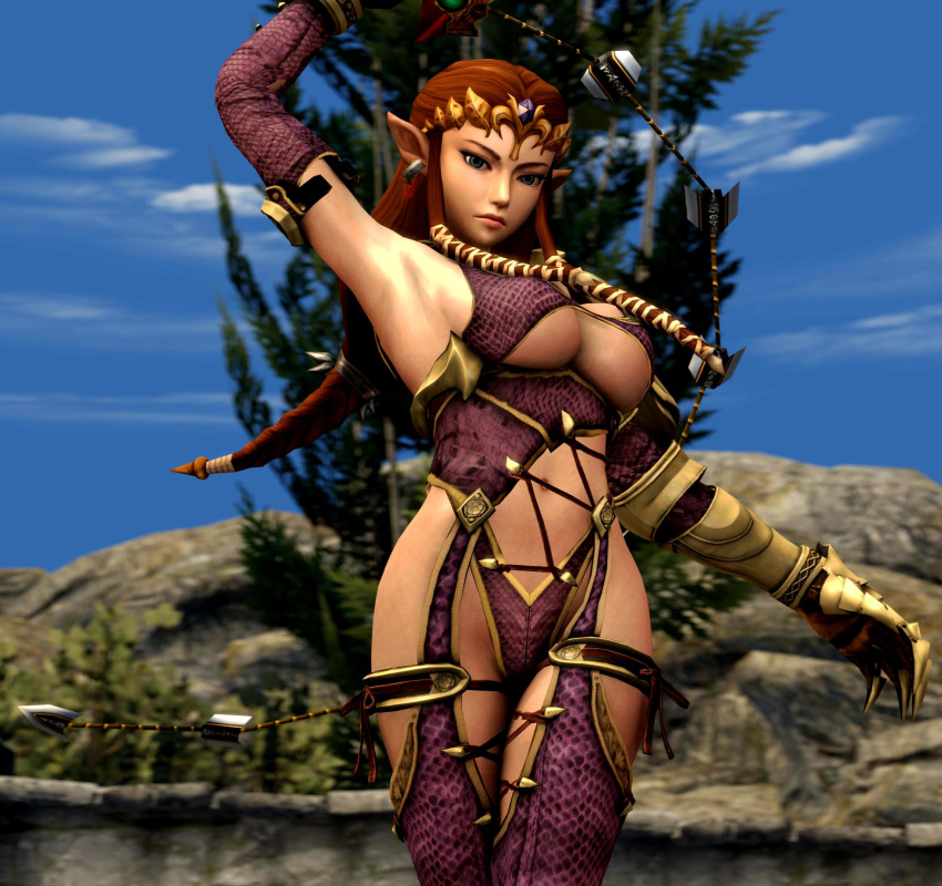 3d barely_clothed breasts brown_hair cleavage cosplay edit exhibitionism female huge_breasts hylian isabella_valentine_(cosplay) jewelry midriff milf navel nintendo pointy_ears princess_zelda soul_calibur source_filmmaker the_legend_of_zelda tiara twilight_princess w33w33 whip_sword zelda_(twilight_princess)