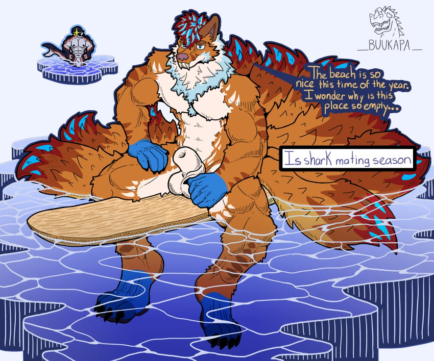 absurd_res akula_(buukapa) animal_genitalia anthro beach buukapa canid canine duo fish fox genitals hi_res male male/male mammal marine nude seaside shark sheath surfboard