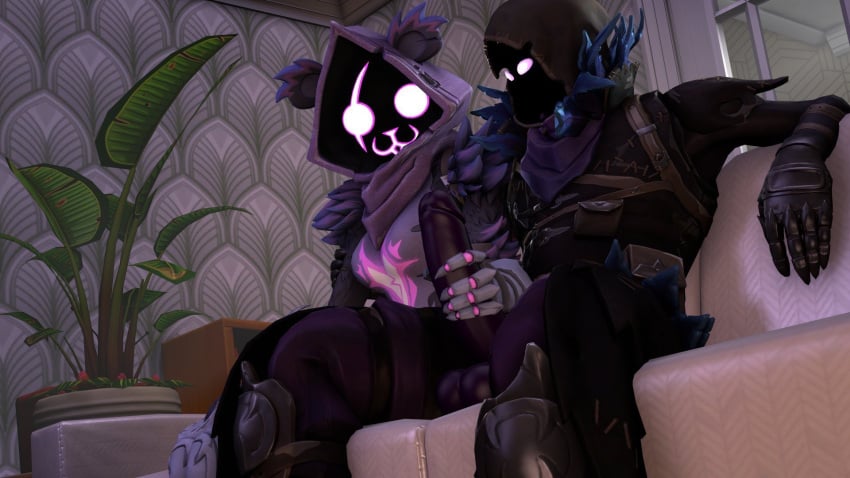 1boy1girl 3d :3 bear_girl big_penis couch fortnite fortnite:_battle_royale glowing_eyes handjob hood male/female on_couch purple_eyes purple_skin raven_(fortnite) raven_team_leader straight stroking_penis tagme tagme_(artist)