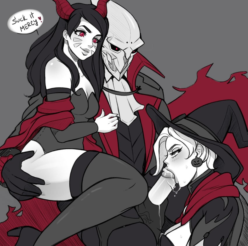 1boy 2girls blizzard_entertainment blowjob d.va dark-skinned_male dracula_reaper male mercy overwatch overwatch_2 penis reaper storycatt