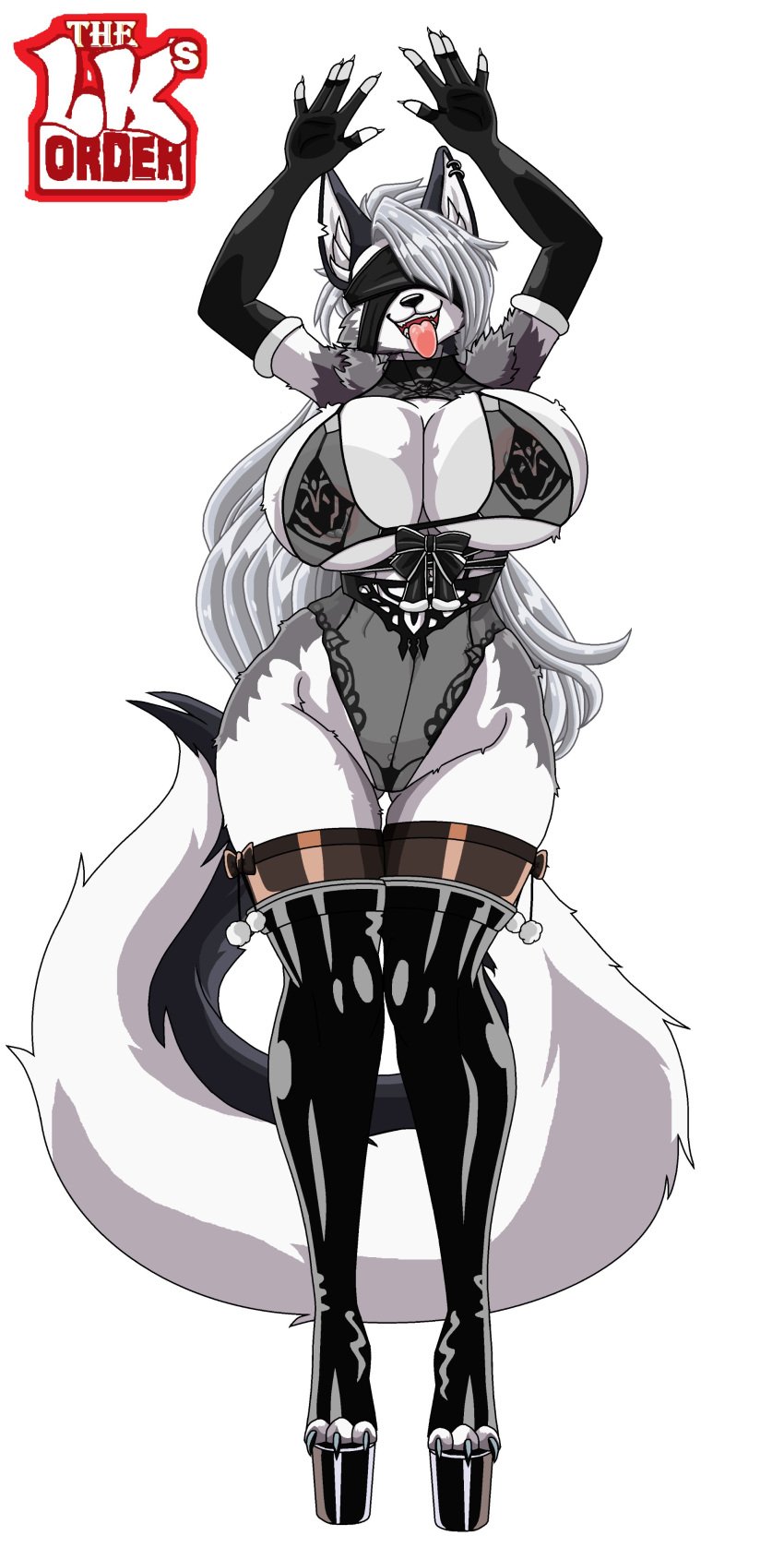 anthro big_breasts black_nose blindfold canid canine canis demon ear_piercing fur grey_body grey_fur grey_hair hair hellhound helluva_boss high_heels huge_breasts long_hair long_tail loona_(helluva_boss) mammal open_mouth open_smile piercing platform_heels smile tail teeth thelksorder tongue tongue_out white_body white_fur wolf