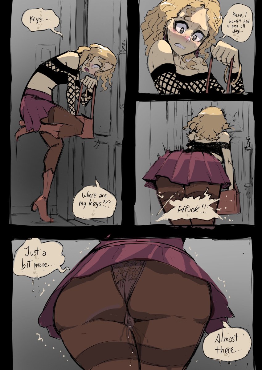 1girls 4koma ass biku blonde_hair blush brown_bag desperation door english_text handbag have_to_pee leaking need_to_pee original original_character panties panties_under_pantyhose pantyhose pee_leak short_hair skirt skirt_lift speech_bubble sweat underwear