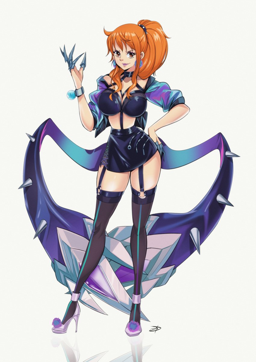 1girls clothed cosplay crossover crossover_cosplay delux female female_only high_heels k/da_evelynn_(cosplay) league_of_legends nami one_piece red_hair riot_games smile solo white_background