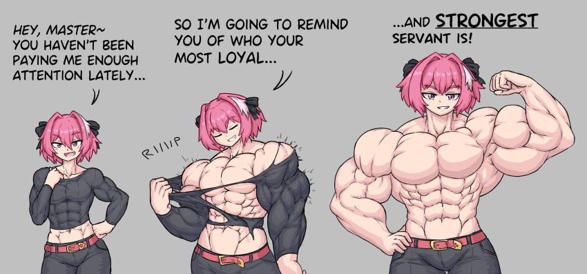 astolfo_(fate) big_pecs fate_(series) grabbing_clothing looking_at_viewer male_only muscle_growth muscular_femboy muscular_male pecs_growth pink_eyes pink_hair ripping_clothing sheepapp smiling text