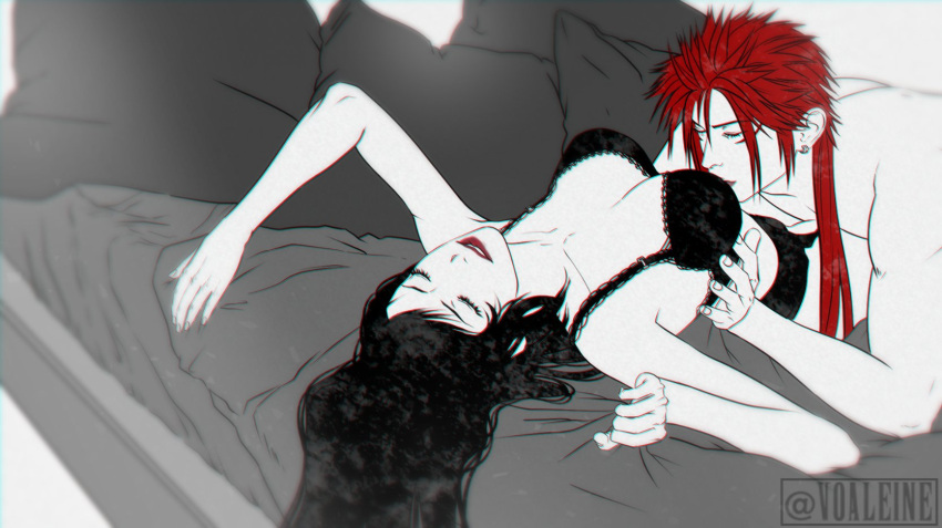 1boy 1girls black_hair bra busty closed_eyes female final_fantasy final_fantasy_vii final_fantasy_vii_remake light_skin lingerie lingerie_only lipstick lying_on_back male male/female on_back on_bed red_hair reno romantic spiky_hair straight suggestive tifa_lockhart voaleine