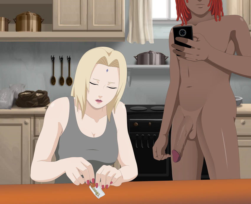 2d 2d_(artwork) age_difference big_penis blonde_hair blunt cigarette color dark-skinned_male dark_skin darkalx dreadlocks illustration imminent_sex interracial kitchen mature_female milf naked naruto naruto_(series) naruto_shippuden ninja older_woman_and_younger_boy original_character phone red_hair tank_top tsunade weed younger_male