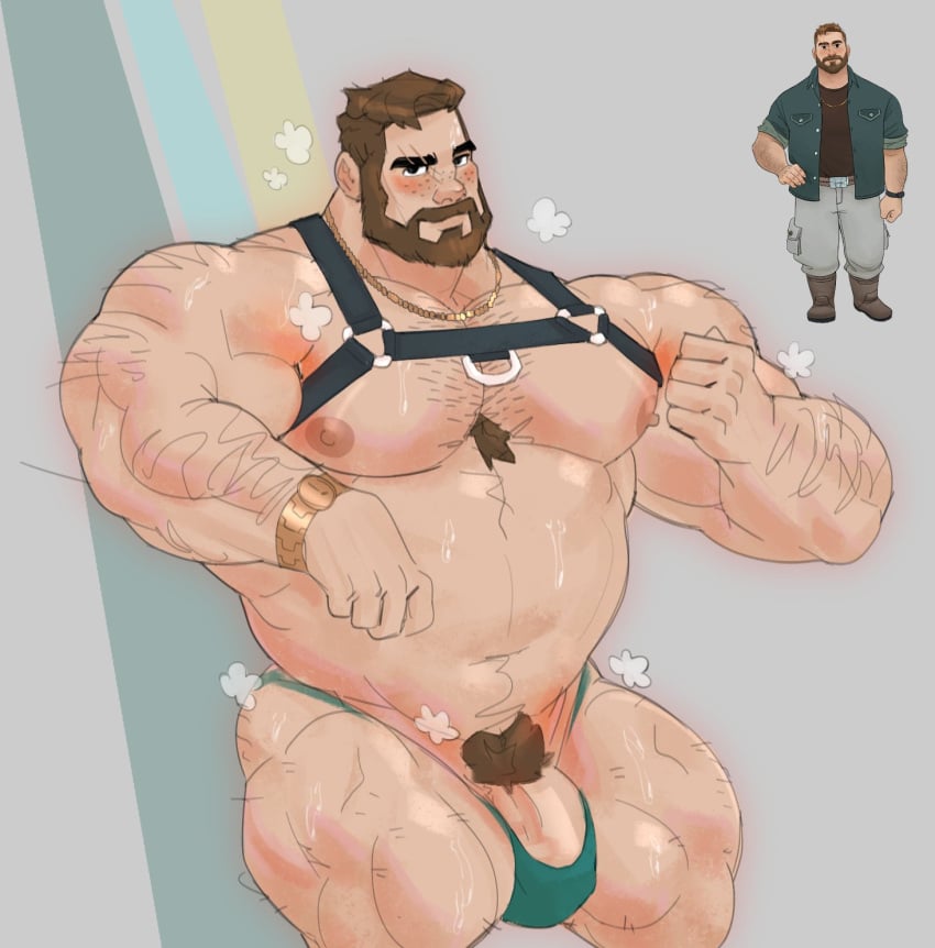 1boy alternate_pectoral_size arm_hair bara bare_pectorals beard belly bikini_briefs body_fur brown_hair chest_harness come_hither coral_island dumbandgreen facial_hair full_beard green_male_underwear hairy harness highres huge_pectorals looking_at_viewer male_focus male_pubic_hair male_underwear mark_(coral_island) muscular muscular_male navel navel_hair nipples pectorals penis penis_peek plump pubic_hair reference_inset seductive_smile short_hair smell smile solo sparse_ass_hair sparse_chest_hair steaming_body stomach thick_beard thick_thighs thighs undersized_clothes underwear