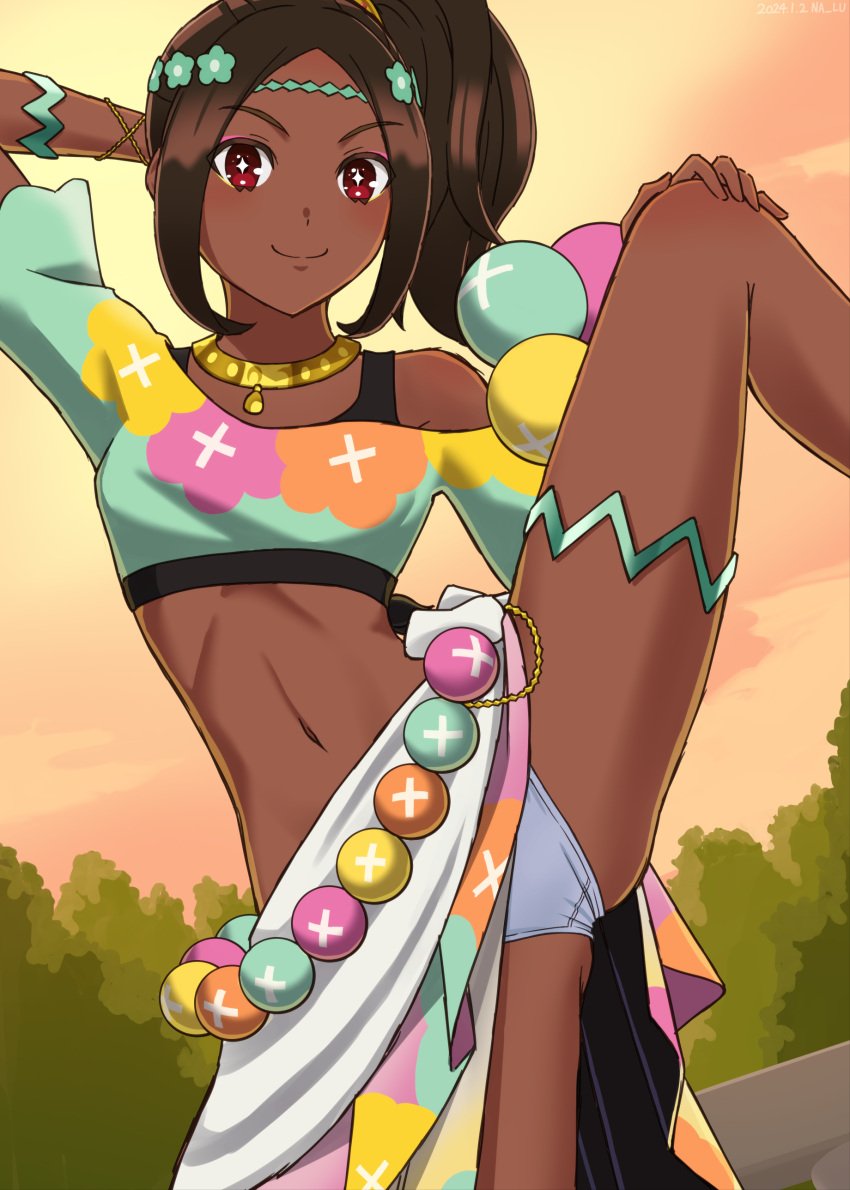 1girls absurdres arm_behind_head ass_visible_through_thighs bare_legs bare_midriff bare_thighs blue_panties bracelet breasts brown_hair circlet crop_top dark-skinned_female dark_skin eyeshadow female female_only fire_emblem fire_emblem_engage forest highres jewelry leg_up legs long_hair looking_at_viewer makeup medium_hair midriff naaru nalu_(artist) navel nintendo outdoors panties pantyshot pearl_belt pearl_bracelet pink_eyeshadow ponytail red_eyes shorts side_ponytail skirt small_breasts smile solo spread_legs star-shaped_pupils star_(symbol) sunset symbol-shaped_pupils thighlet thighs timerra_(fire_emblem) tree underwear upskirt