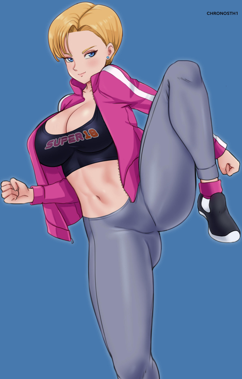 android_18 big_breasts breasts deviantart dragon_ball fanbox_reward gummslime gumroad leg_up milf patreon short_hair tagme thick_thighs tight_clothing tight_pants