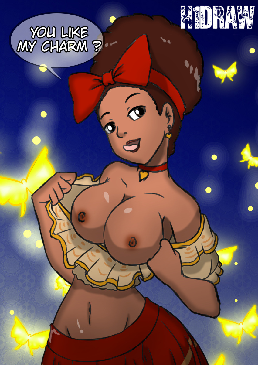 1girls afrolatina boobs breasts colombian_female curly_hair disney dolores_madrigal encanto female female_only flashing flashing_breasts h1draw latina nipples petite small speech_bubble text tongue_out young