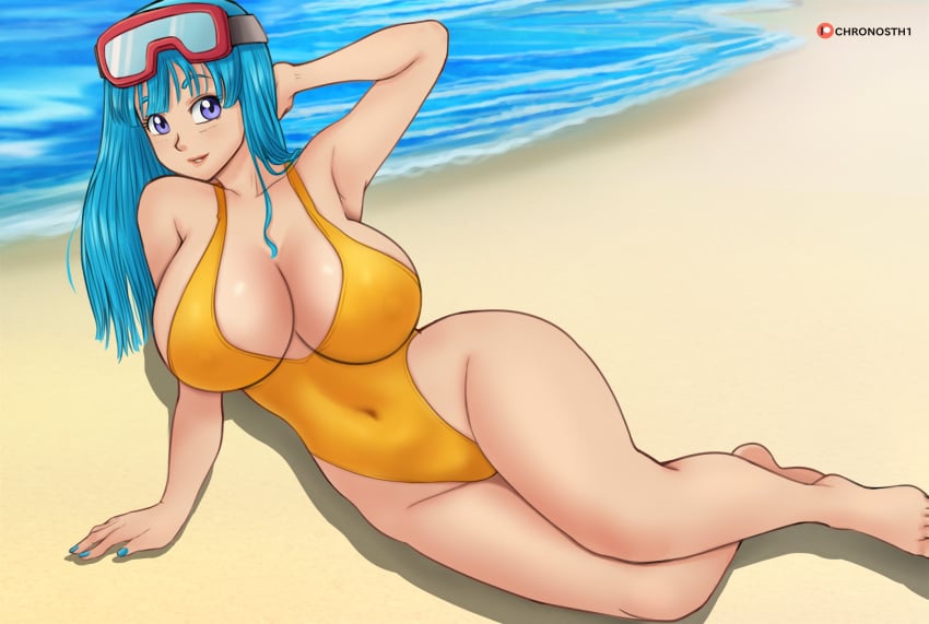 1girls arm_behind_head bare_hips bare_legs beach blue_eyes blue_hair blue_nails chronosth1 cleavage deviantart dragon_ball_z fanbox_reward female female_only goggles_on_head gummslime gumroad highleg_swimsuit large_breasts light_blue_hair lying_on_ground maron navel_visible_through_clothes one-piece_swimsuit patreon posing solo solo_female swimsuit tagme yellow_swimsuit