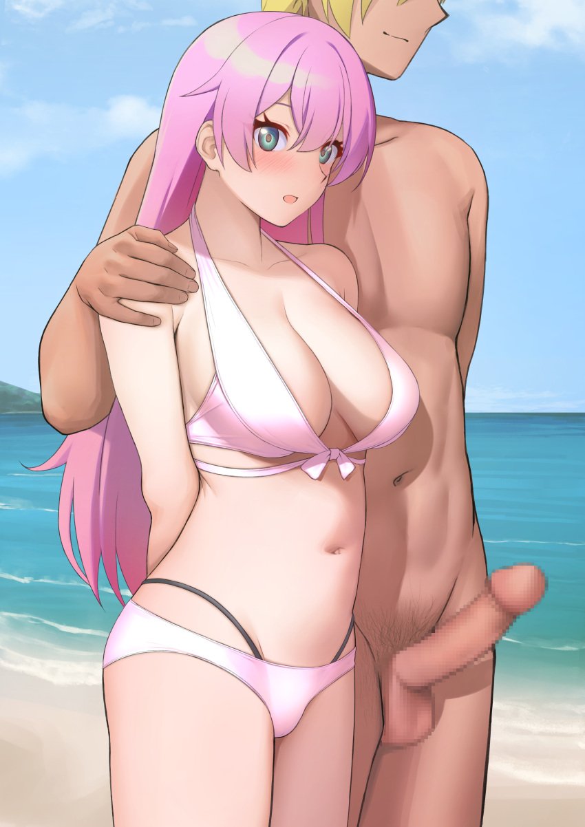 1boy 1girls :d absurdres bare_arms bare_shoulders beach bikini blush censored closed_mouth collarbone commission completely_nude cowboy_shot cute female fringe fuufu_ijou_koibito_miman fuufu_ijou_koibito_miman. hair_between_eyes highres imminent_sex innocent long_hair looking_at_viewer male_pubic_hair mosaic_censoring navel nude ocean oxxo_(dlengur) penis petite pink_hair pixiv_commission pubic_hair short_hair shy slim smile stomach swimsuit teenager watanabe_akari white_bikini