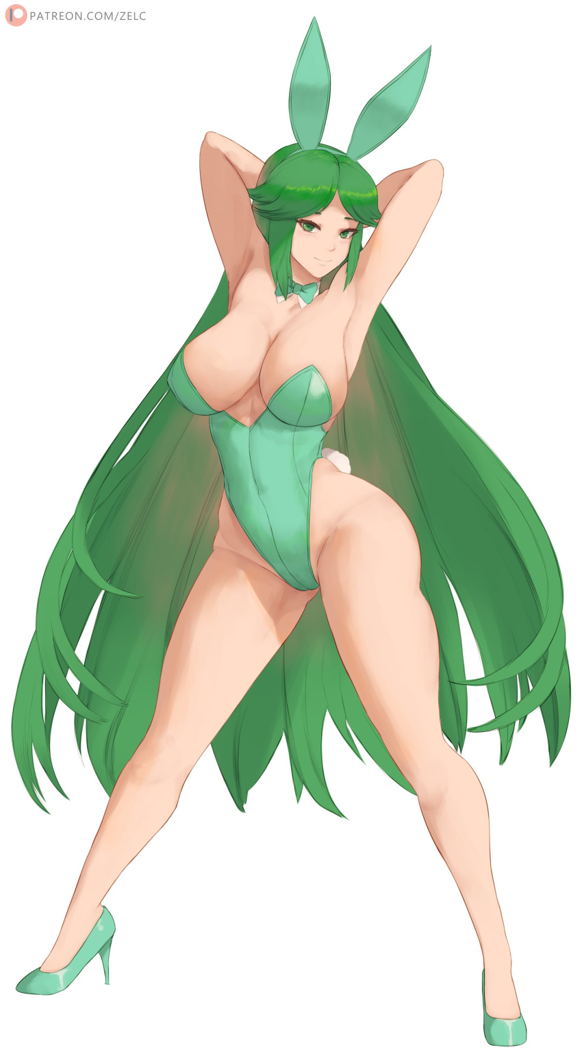 1girls 2024 2d 2d_(artwork) arms_behind_back arms_behind_head arms_up ass big_ass big_breasts big_butt big_thighs breasts bunny_costume bunny_ears bunny_girl bunny_tail bunnygirl bunnysuit female green_eyes green_hair green_heels heels huge_ass huge_breasts huge_butt kid_icarus kid_icarus_uprising long_hair looking_at_viewer nintendo palutena ribbon shiny_hair side_ass smile smiling smiling_at_viewer solo solo_female thighs white_skin zelc-face