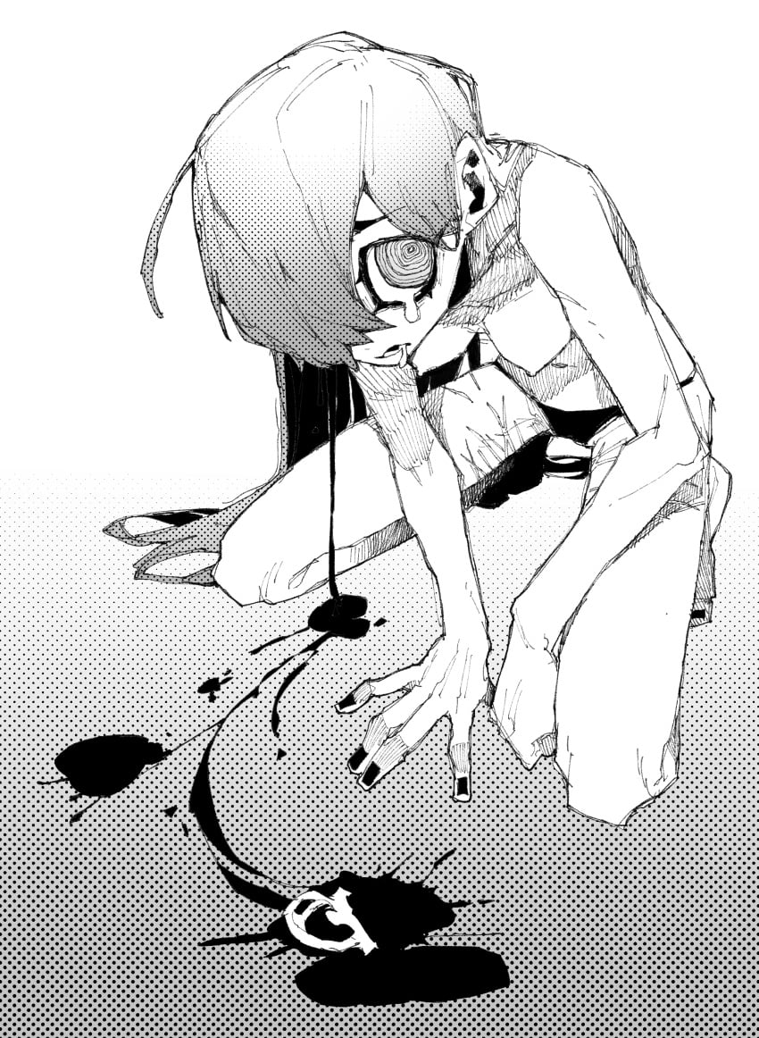 2024 absurdres black_nails bleeding blood blood_from_eyes breasts eyelashes greyscale guro hb_091 highres long_hair medium_breasts monochrome nude original scratches tagme torn_clothes