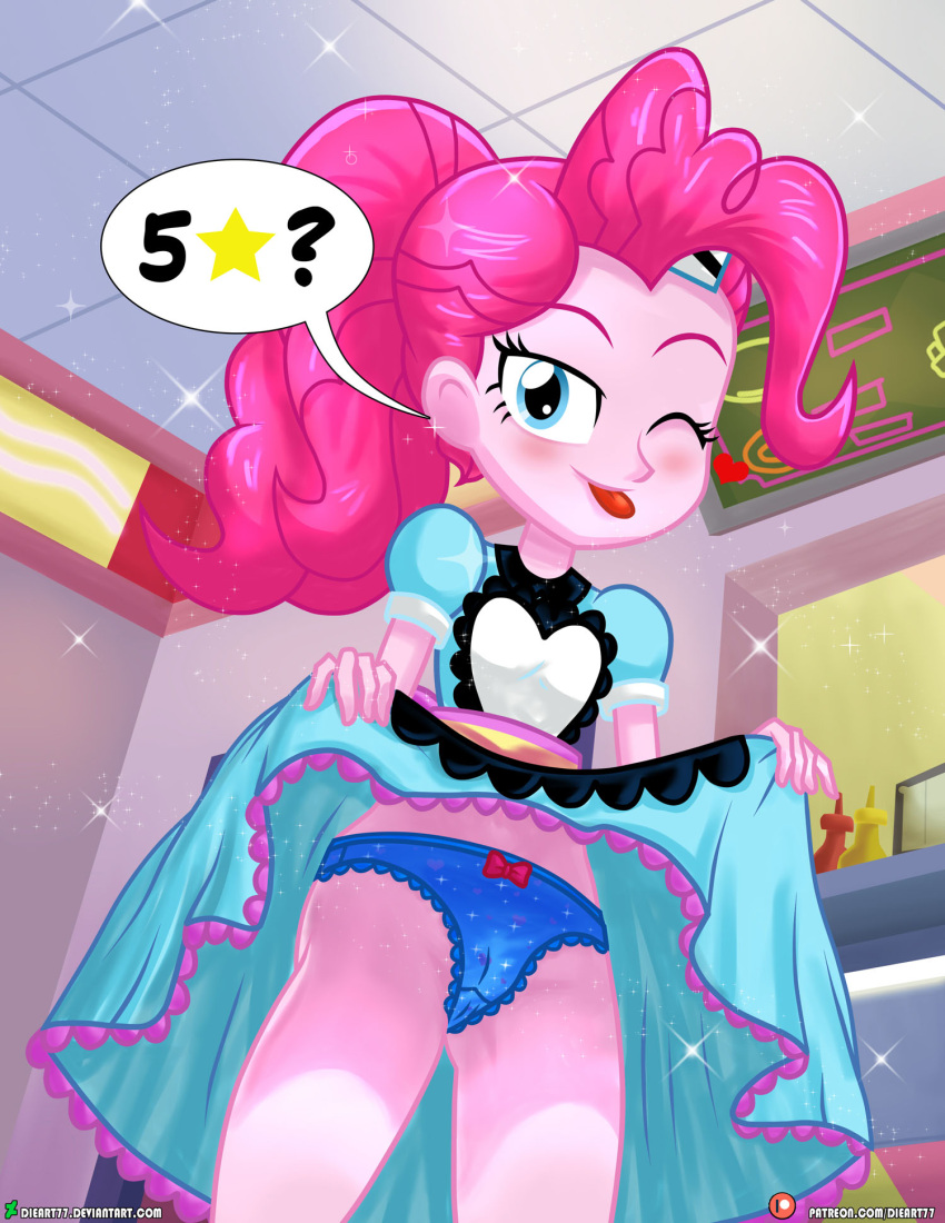 1girls blue_eyes blue_panties bow_panties curly_hair dieart77 dress dress_lift equestria_girls female female_only long_hair my_little_pony panties pink_hair pink_skin pinkie_pie_(eg) pinkie_pie_(mlp) solo solo_female tongue tongue_out wink