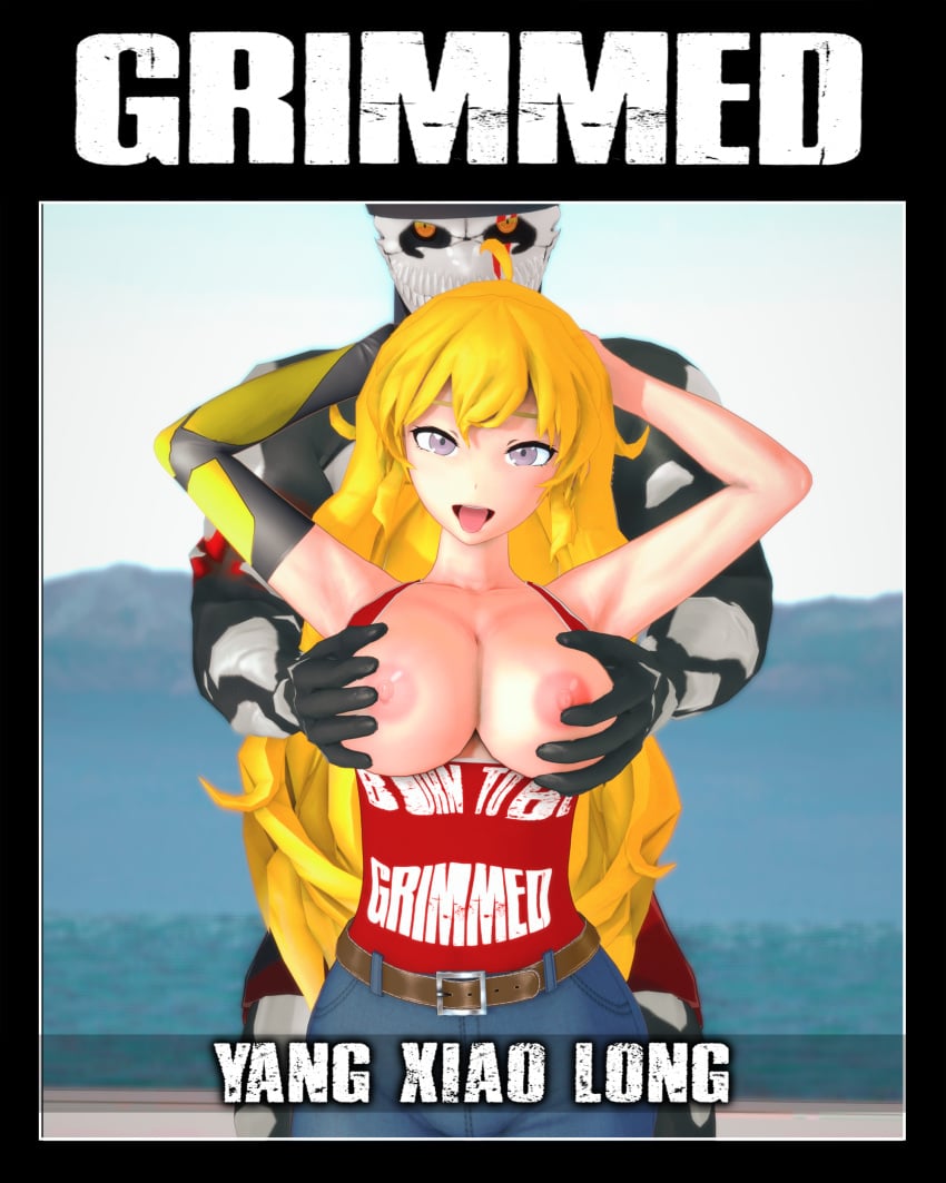 1boy 1girls arrancon blonde_female blonde_hair breasts female grimm_(rwby) grimmed human interspecies long_hair long_hair_female monster_boy pale_skin purple_eyes robotic_arm rwby skorn_(arrancon_grimmed) yang_xiao_long