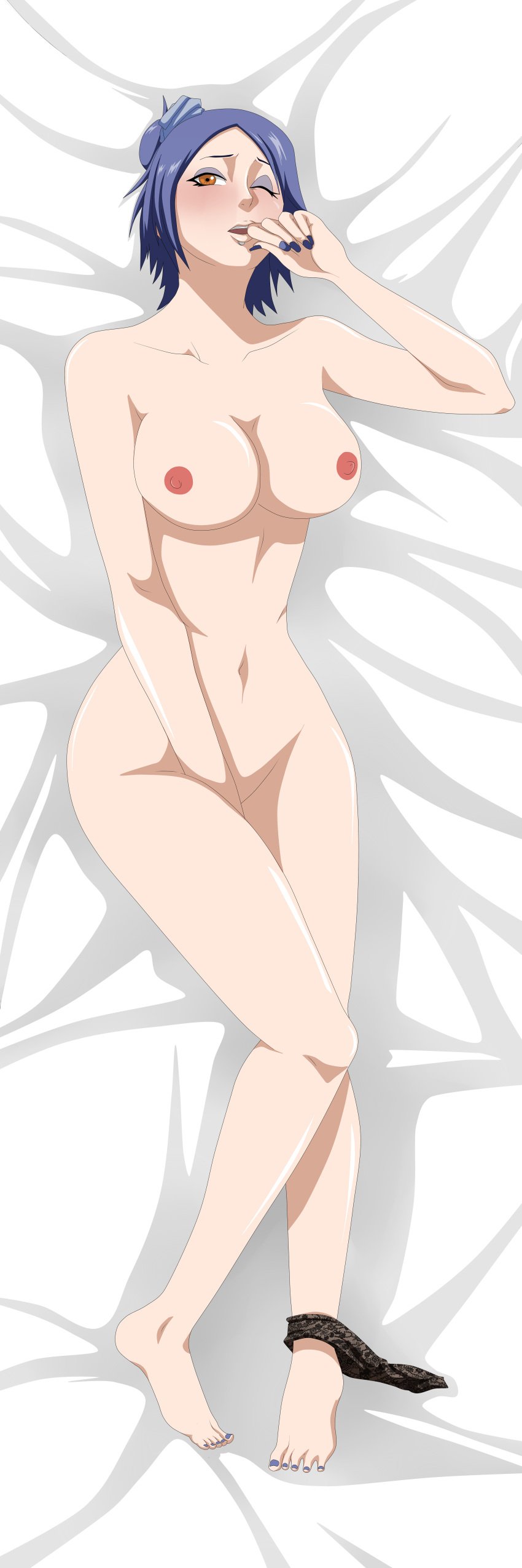 blue_hair breasts dragon_cana_love female female_only full_body konan looking_at_viewer lying_on_back masturbating masturbation naruto naruto_(series) naruto_shippuden one_eye_closed panties panties_around_ankle panties_around_one_leg