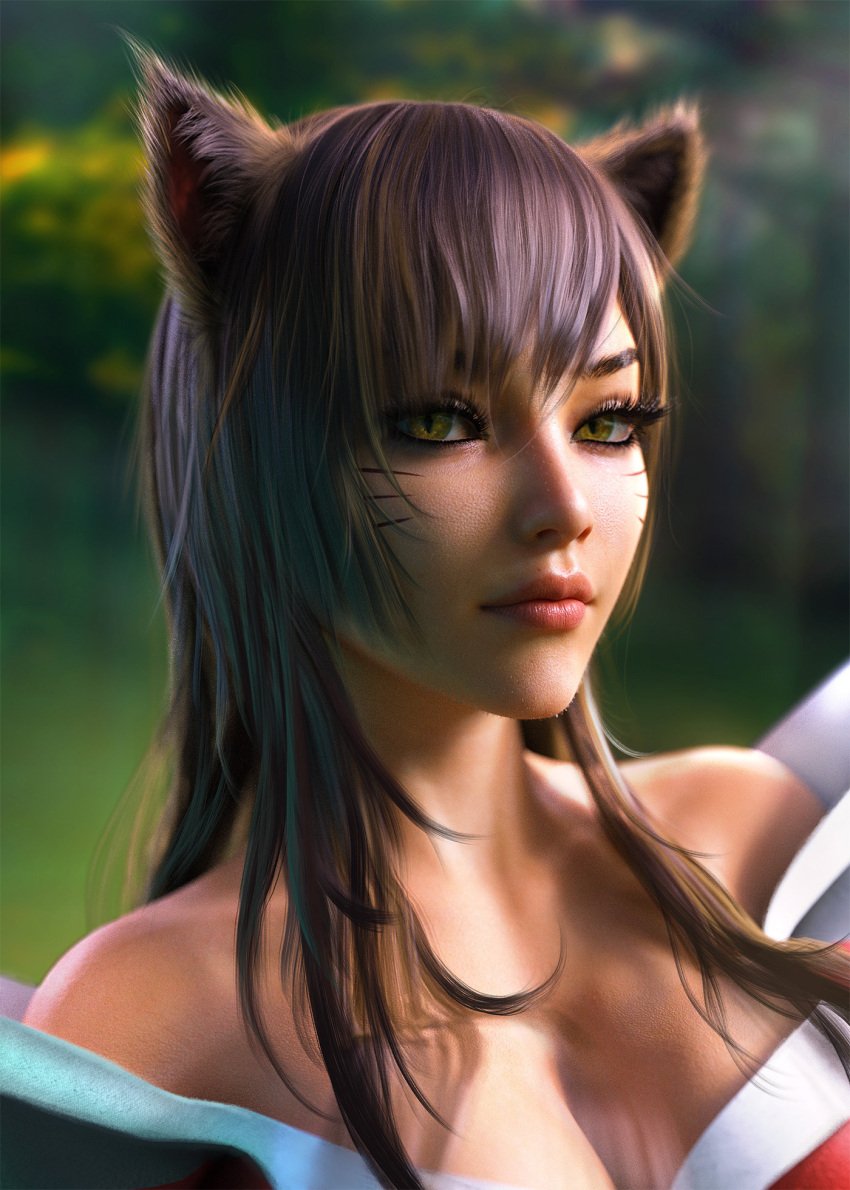 1girls 3d 5:7 ahri animal_ears black_hair blurry_background cleavage facial_markings female female_only fox_ears fox_girl kumiho league_of_legends light-skinned_female long_hair looking_at_viewer pinup portrait riot_games sevenbees slit_pupils solo source_request whisker_markings yellow_eyes