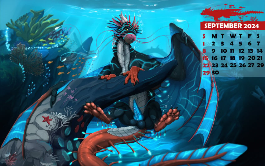 4_fingers 5_toes aquatic_dragon balls balls_on_tail belly_scales black_sclera blue_knot blue_penis dragon facial_horn feet feral fingers genitals hi_res horn ishiru knot male marine membrane_(anatomy) membranous_wings non-mammal_balls nose_horn overlaid_calendar penis pink_nose_horn quadruped scales scalie solo tail text thyres toes underwater water white_horn wings yellow_eyes