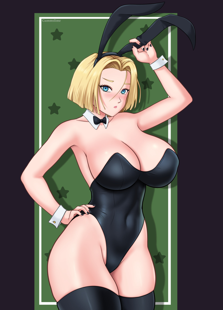 1girls android_18 armpits blonde_hair breasts bunnysuit cleavage deviantart dragon_ball fake_animal_ears fanbox_reward gummslime gumroad hand_on_hip large_breasts leotard patreon short_hair solo tagme thighhighs