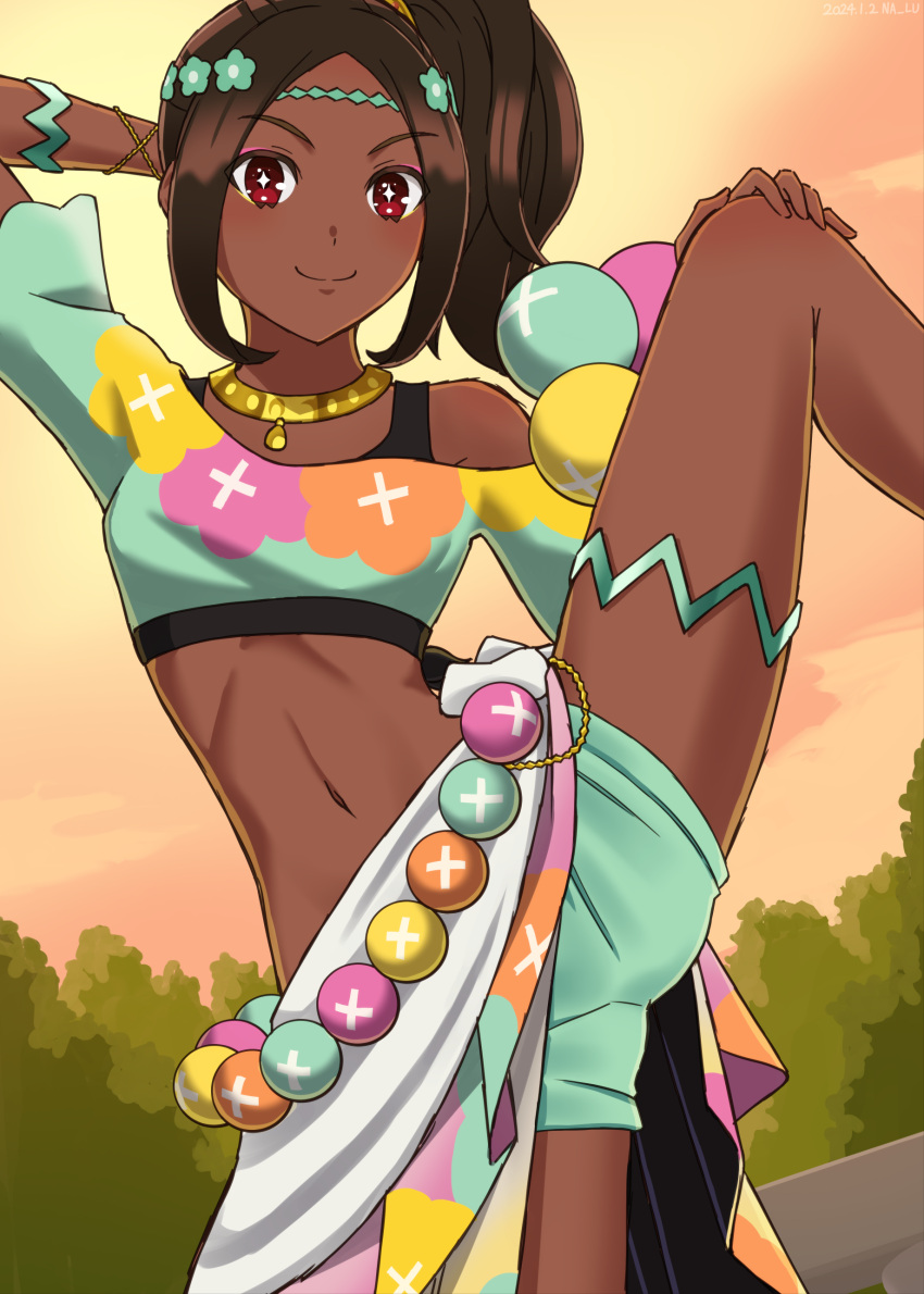 1girls absurdres arm_behind_head ass_visible_through_thighs bare_legs bare_midriff bare_thighs bracelet breasts brown_hair circlet crop_top dark-skinned_female dark_skin eyeshadow female female_only fire_emblem fire_emblem_engage forest highres jewelry leg_up legs long_hair looking_at_viewer makeup medium_hair midriff naaru nalu_(artist) navel nintendo outdoors pearl_belt pearl_bracelet pink_eyeshadow ponytail red_eyes shorts side_ponytail skirt small_breasts smile solo spread_legs star-shaped_pupils star_(symbol) sunset symbol-shaped_pupils thighlet thighs timerra_(fire_emblem) tree upskirt