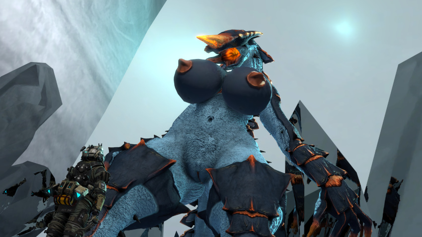 3d_(artwork) absurd_res altelier_t anthro armor big_breasts bioluminescence blue_body breasts digital_media_(artwork) duo female glowing hi_res humanoid ice ice_worm_(subnautica) light male nipples pilot pilot_(titanfall) scales shards size_difference source_filmmaker thick_thighs