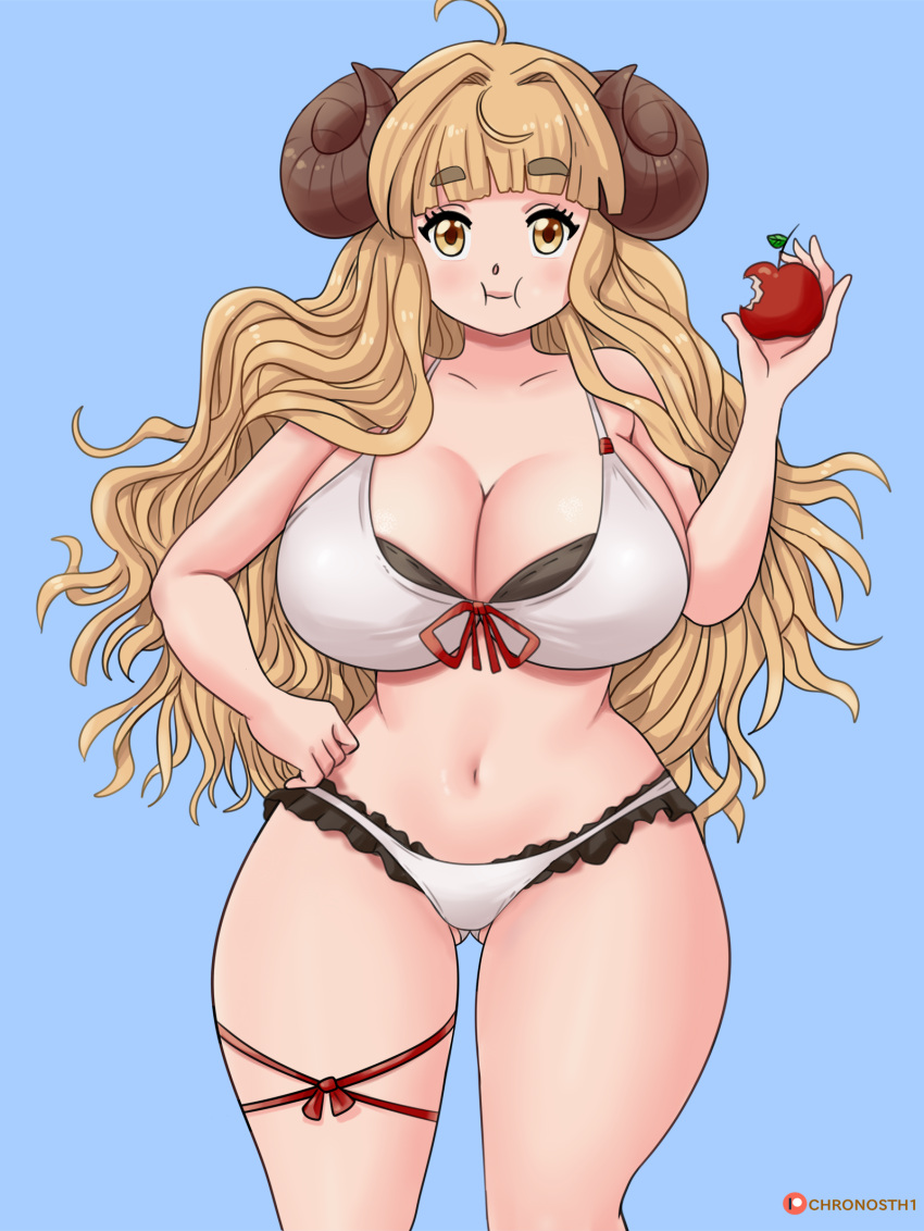 anila_(granblue_fantasy) apple big_breasts breasts deviantart eating fanbox_reward female granblue_fantasy gummslime gumroad patreon solo tagme