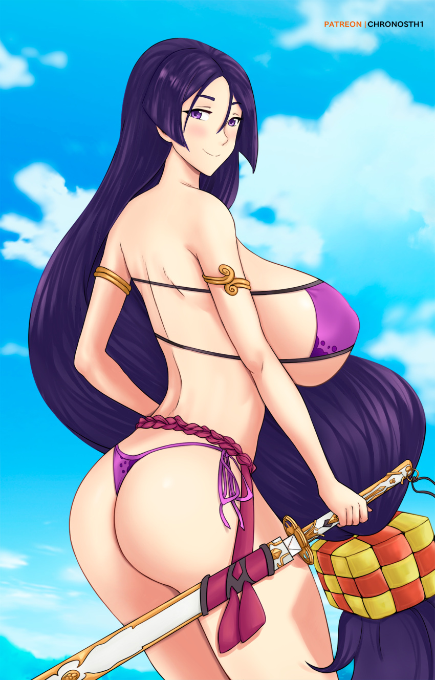 1girls ass bikini breasts deviantart fanbox_reward fate/grand_order fate_(series) female gummslime gumroad huge_breasts long_hair minamoto_no_raikou_(fate/grand_order) outdoors patreon solo standing sword tagme very_long_hair