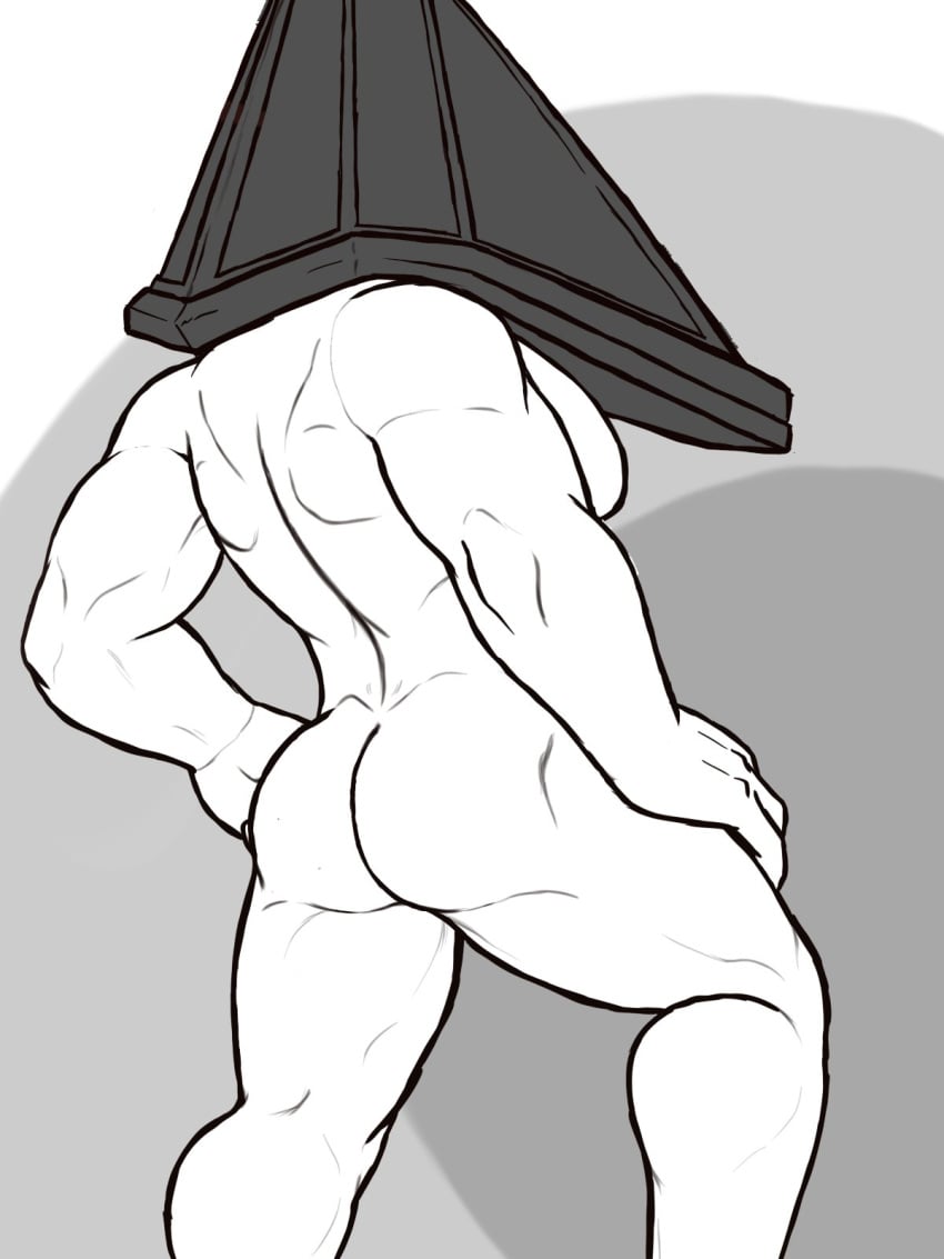 1boy ass_focus back_muscles bara bubble_butt completely_nude dohorth faceless feet_out_of_frame gay hands_on_hips helmet male male_only monochrome muscular muscular_male nude pyramid_head rear_view silent_hill silent_hill_2 solo standing