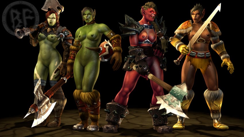 2022 3d 3d_(artwork) artist_logo axe black_hair breasts brother_fuzzman brown_hair brown_skin dark-skinned_female dark_skin female green_skin grey_hair nipple_piercing nipples nude_female orc orc_female partially_clothed red_skin short_hair swords tusks warcraft weapons world_of_warcraft