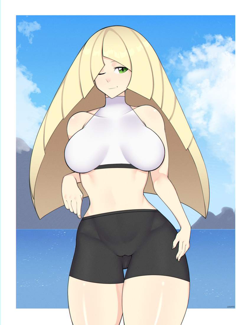 1girls ader441 alternate_version_available big_breasts black_shorts blonde_hair bottomwear breasts clothing female female_only game_freak green_eyes hair hips huge_breasts long_hair lusamine_(pokemon) mature mature_female mature_woman milf mother one_eye_closed pokemon pokemon_sm shorts solo solo_female sports_bra sports_uniform sportswear thick_thighs thighs topwear wink winking_at_viewer