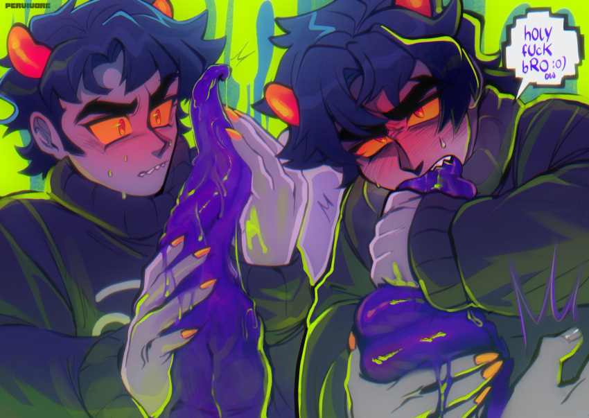 2boys black_hair blowjob blush blushed blushing blushing_at_partner blushing_at_viewer choking choking_on_cock choking_on_penis clothed clothed/nude clothed_blowjob clothed_male dialogue duo english_text gamzee_makara gay gay_blowjob grey_body grey_skin homestuck horns karkat_vantas looking_at_penis male male_feet male_only ms_paint_adventures nude_male painted_nails pervivore solo_focus tentabulge tentacle troll yaoi